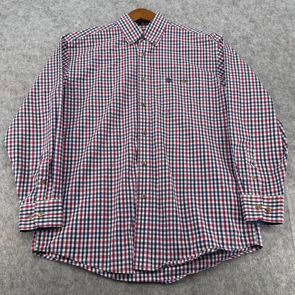 George Strait Wrangler Mens Red White Blue Gingham Check Long Sleeve Shirt m